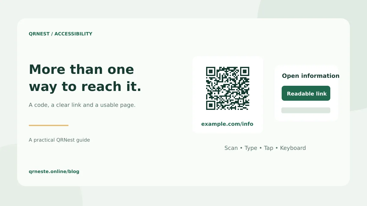 A QR card, a readable website link and a keyboard provide alternative access routes.