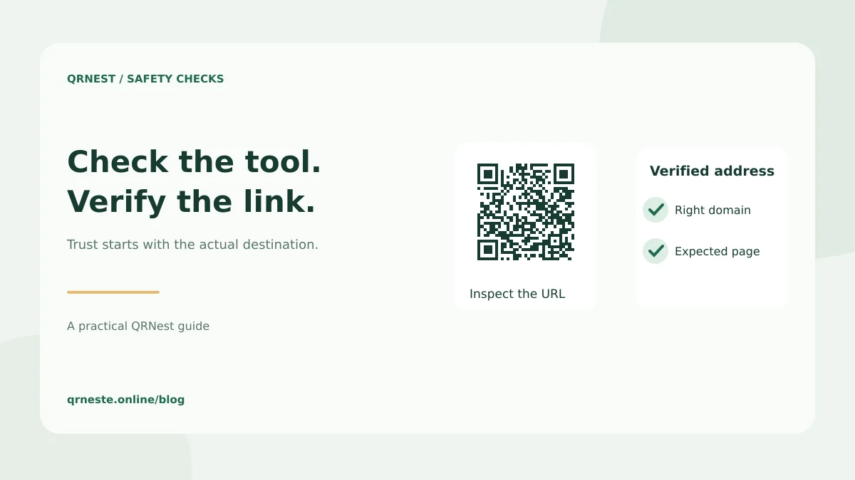 A QR card beside a verified website address and a safety checklist.