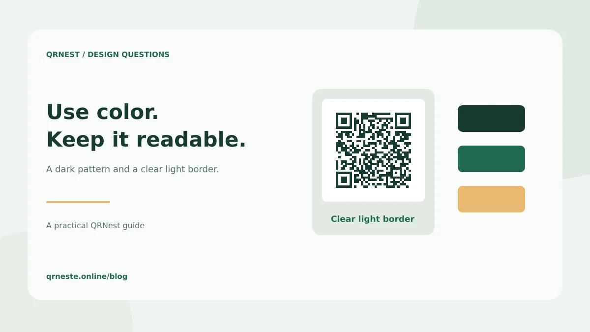 A dark green QR card on a light backing beside three brand color swatches.