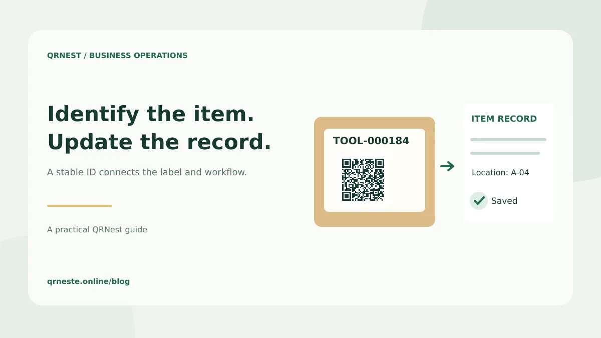 A labeled inventory box with a QR code connects to a separate item record.