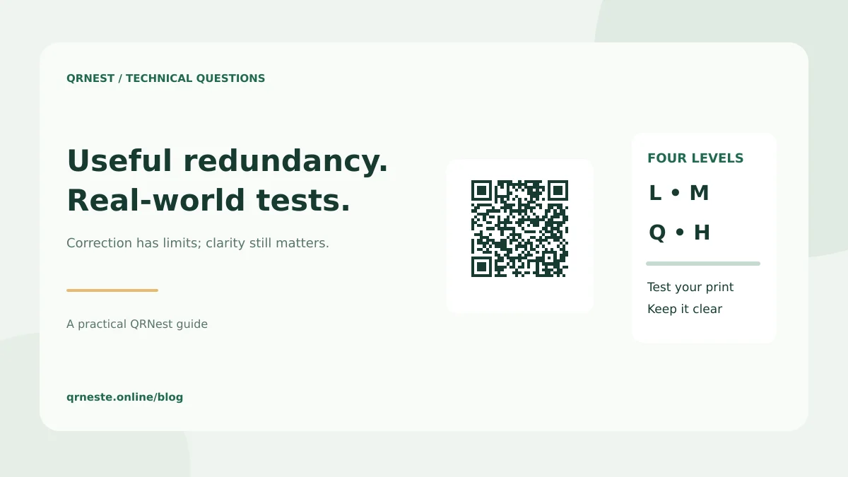 A QR illustration beside four labeled error correction levels L, M, Q and H.